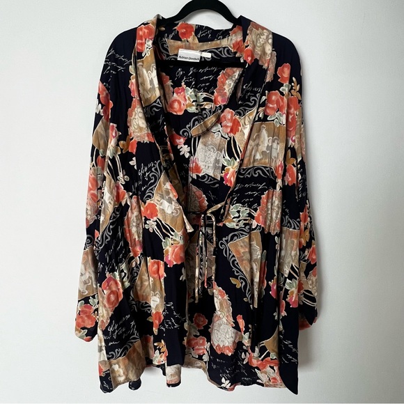 Vintage 90s Y2K Adrian Jordan Front Tie Floral Tie Front Kimono - Picture 4 of 8